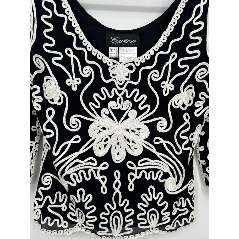 Cartise International Black White Soutache Embroidered Mesh Top V-Neck Size 12 - Picture 3 of 15